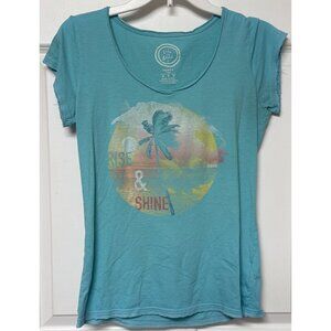 Life Is Good Women’s M Teal Palm Tree, Rise & Shine Graphic Classic Fit T-shirt